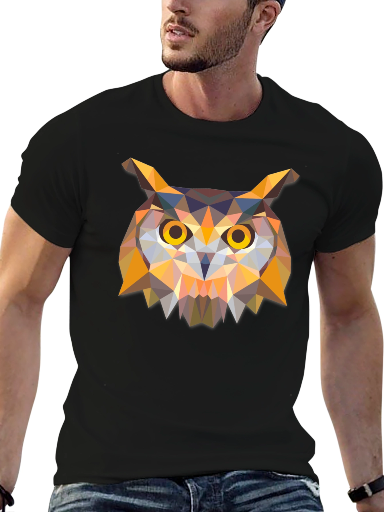 Black Geometric Owl Graphic Black T-Shirt view 6
