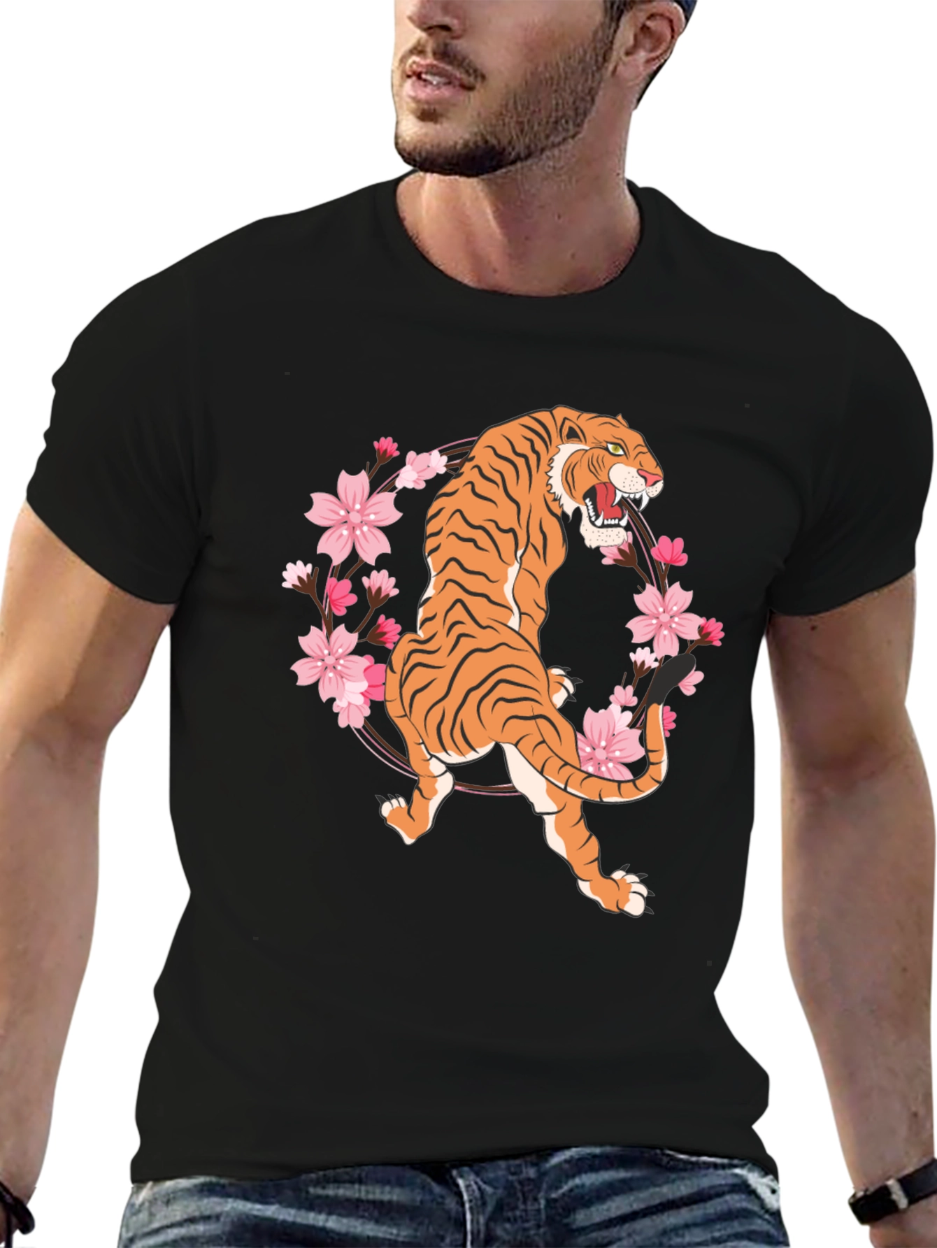 Black Tiger & Cherry Blossom Graphic Tee - Black view 6