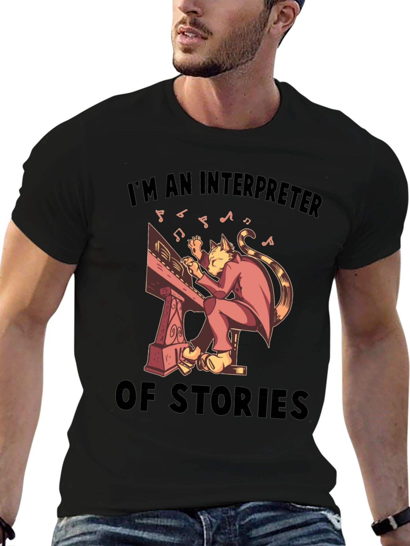 Black Interpreter of Stories Cat Musician T-Shirt view 6