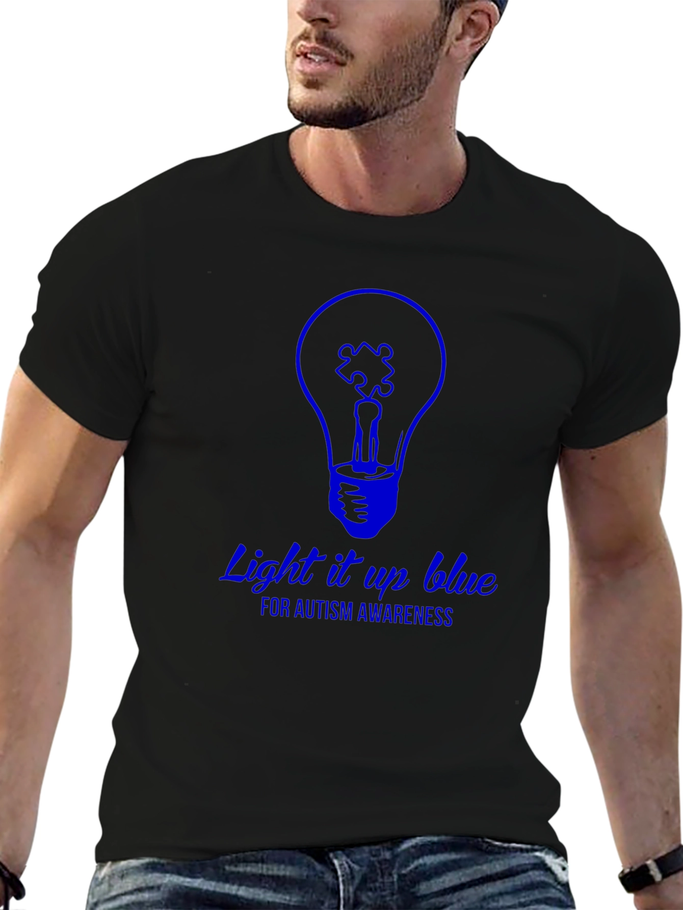 Black Autism Awareness Light it Up Blue Graphic T-Shirt view 6