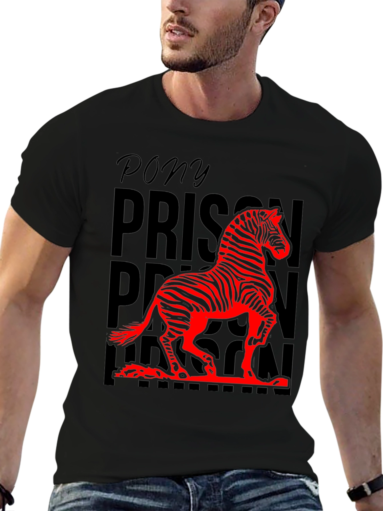 Black Pony Prison Zebra Graphic Tee - Unique Animal Design T-Shirt view 6