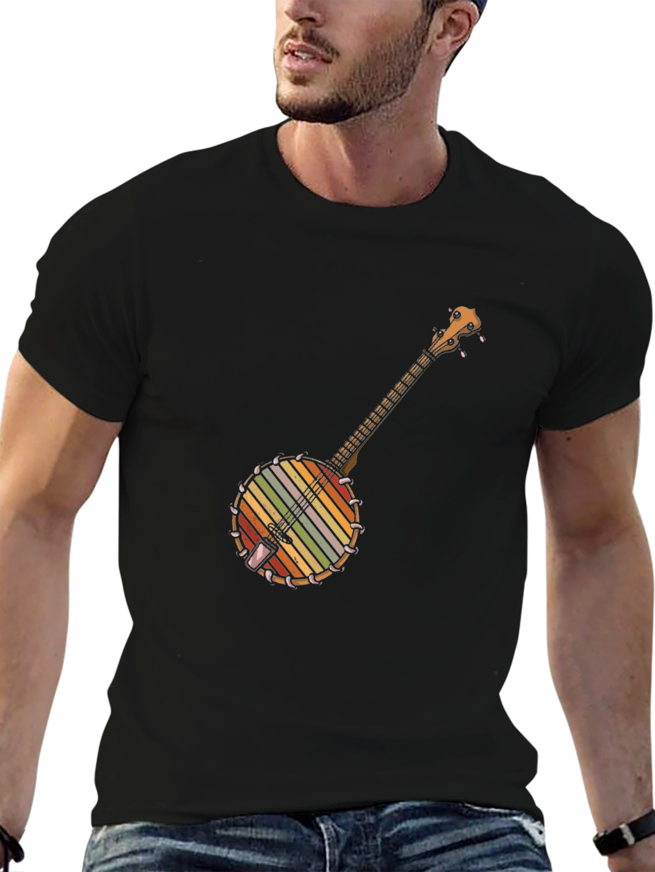 Black Retro Banjo Music T-Shirt view 6