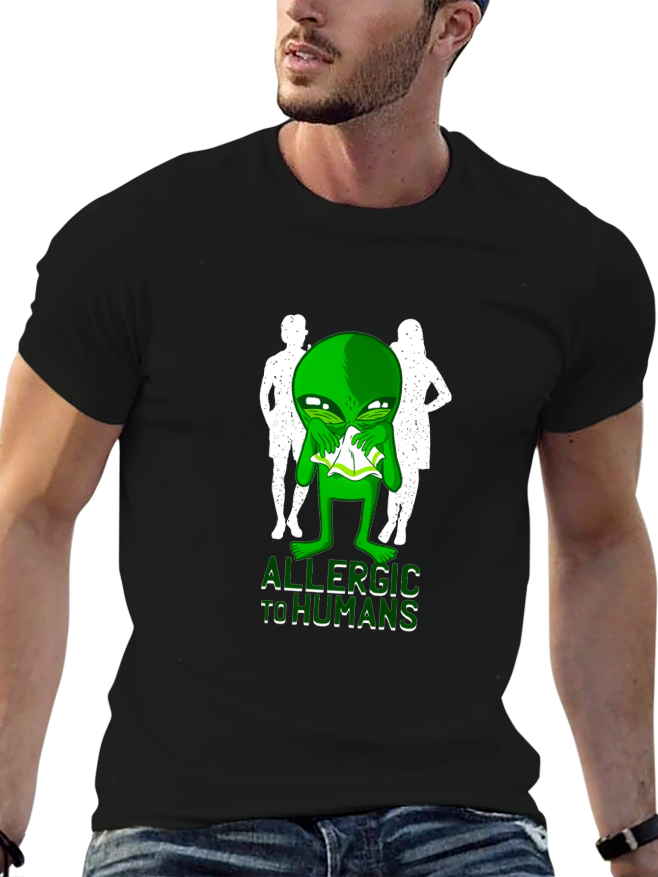 Black Allergic to Humans Alien Graphic Tee view 6