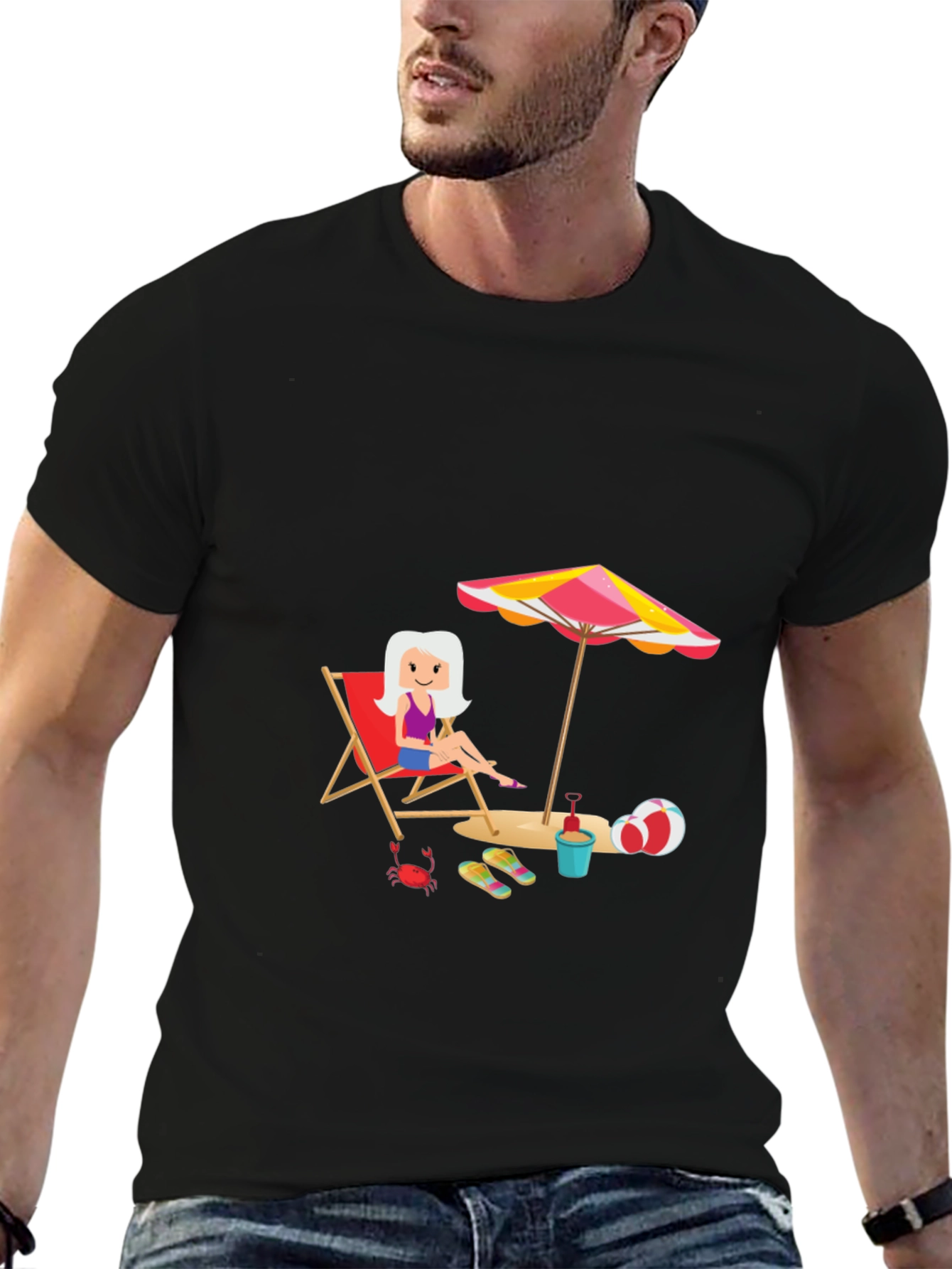 Black Fun Beach Cartoon Graphic Black T-Shirt view 6