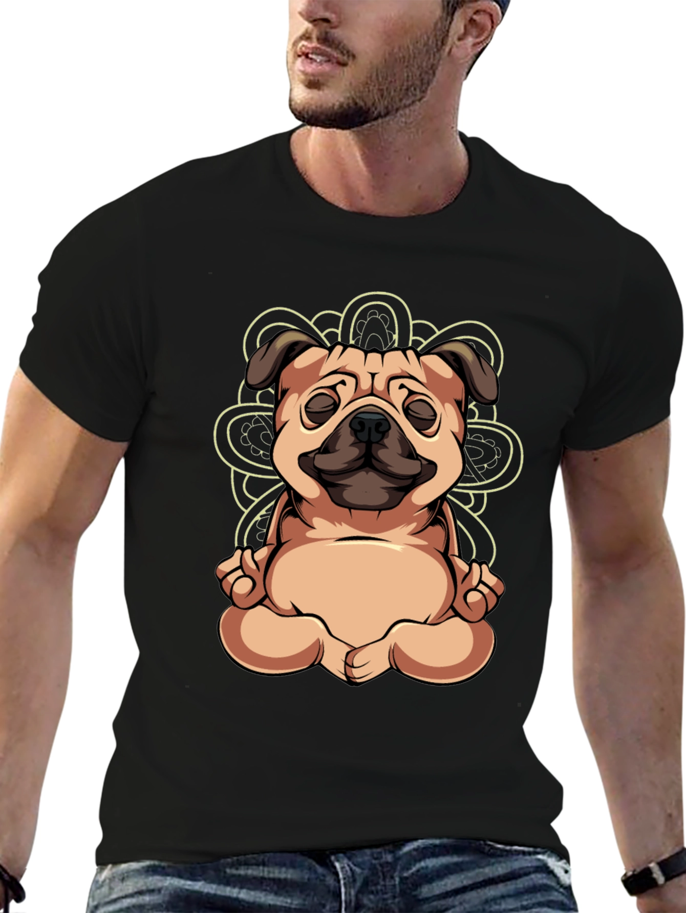 Black Yoga Pug Black T-Shirt - Meditating Dog Tee view 6