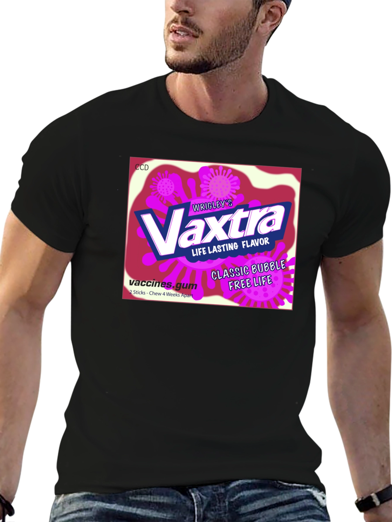 Black Vaxtra Gum T-Shirt - Funny Vaccine Design view 6