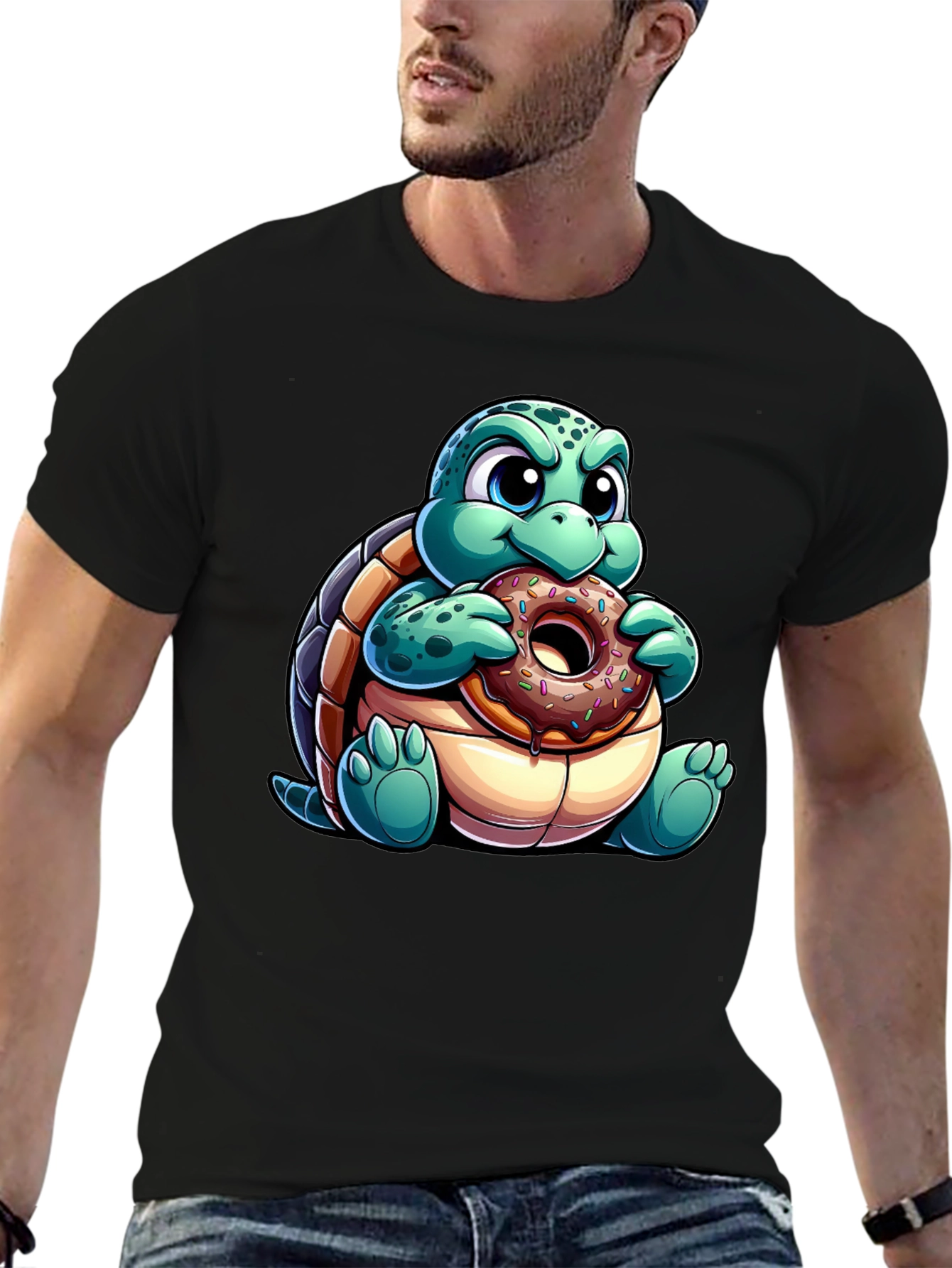 Black Turtle Eating Donut Graphic Tee - Fun Cartoon Shirt view 6