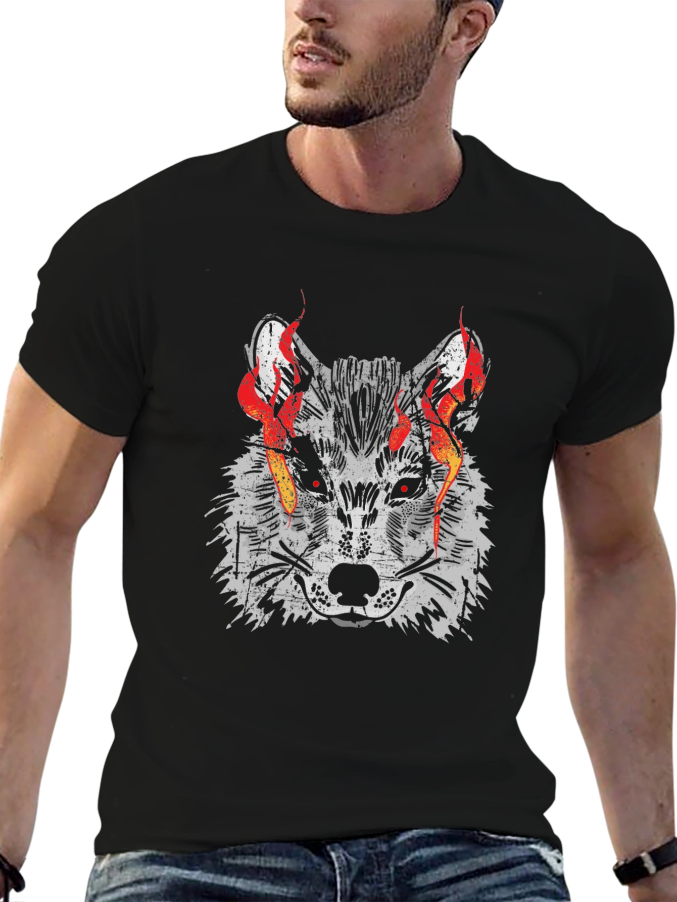 Black Fiery Wolf Graphic Tee - Men's Black T-Shirt view 6