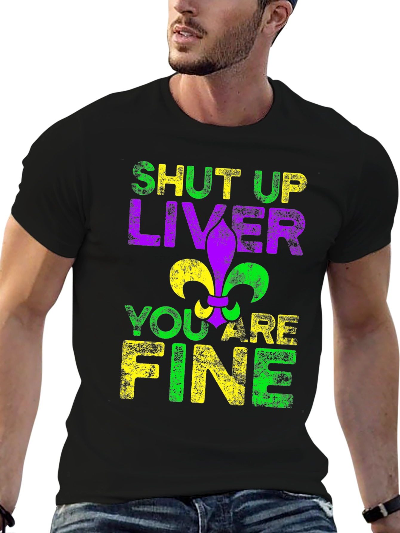 Black Funny Shut Up Liver T-Shirt, Mardi Gras Fleur de Lis Graphic Tee view 6