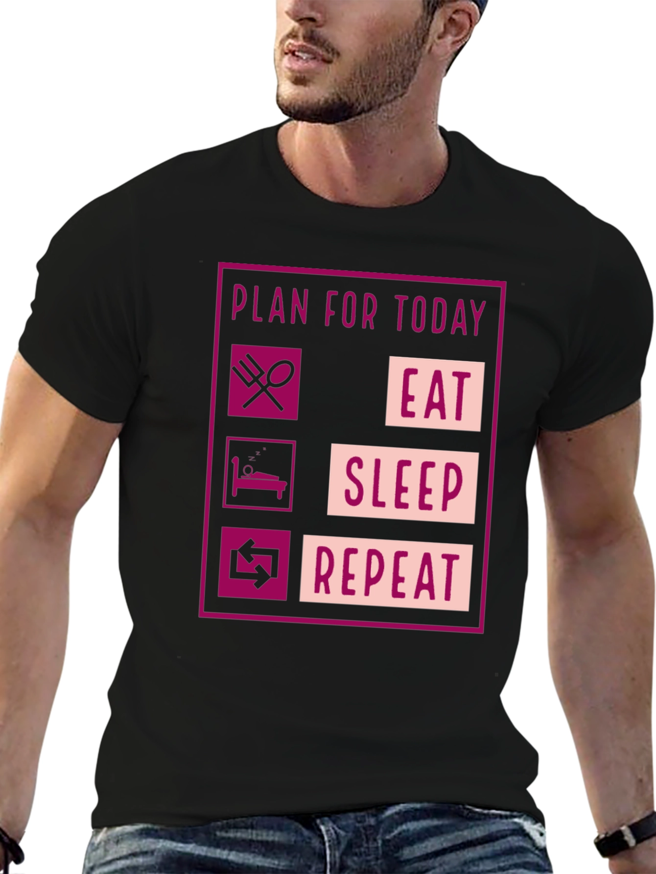 Black Eat Sleep Repeat Graphic Tee - Funny Daily Plan Shirt view 6