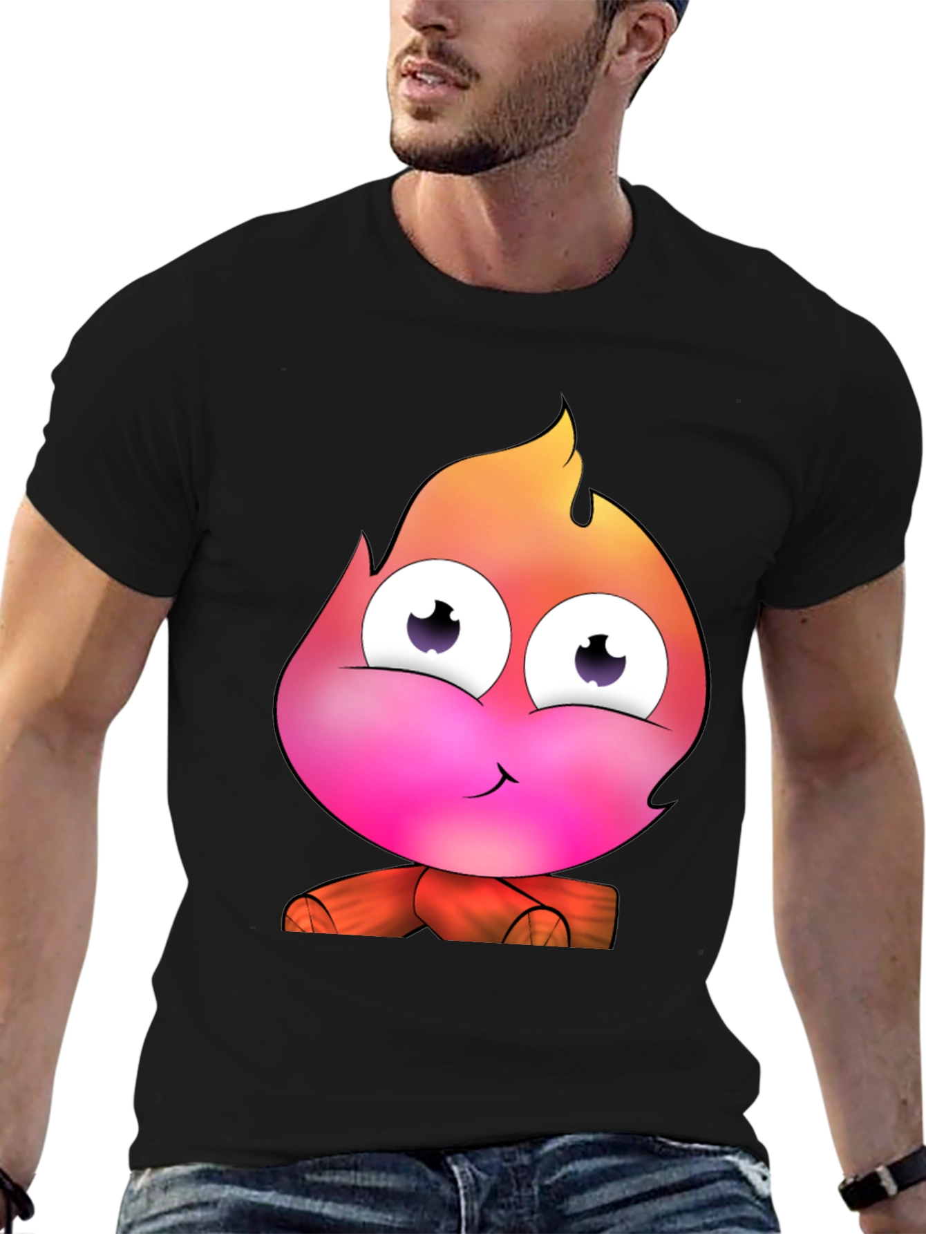 Black Cartoon Fire Character Graphic Tee - Black T-Shirt view 6