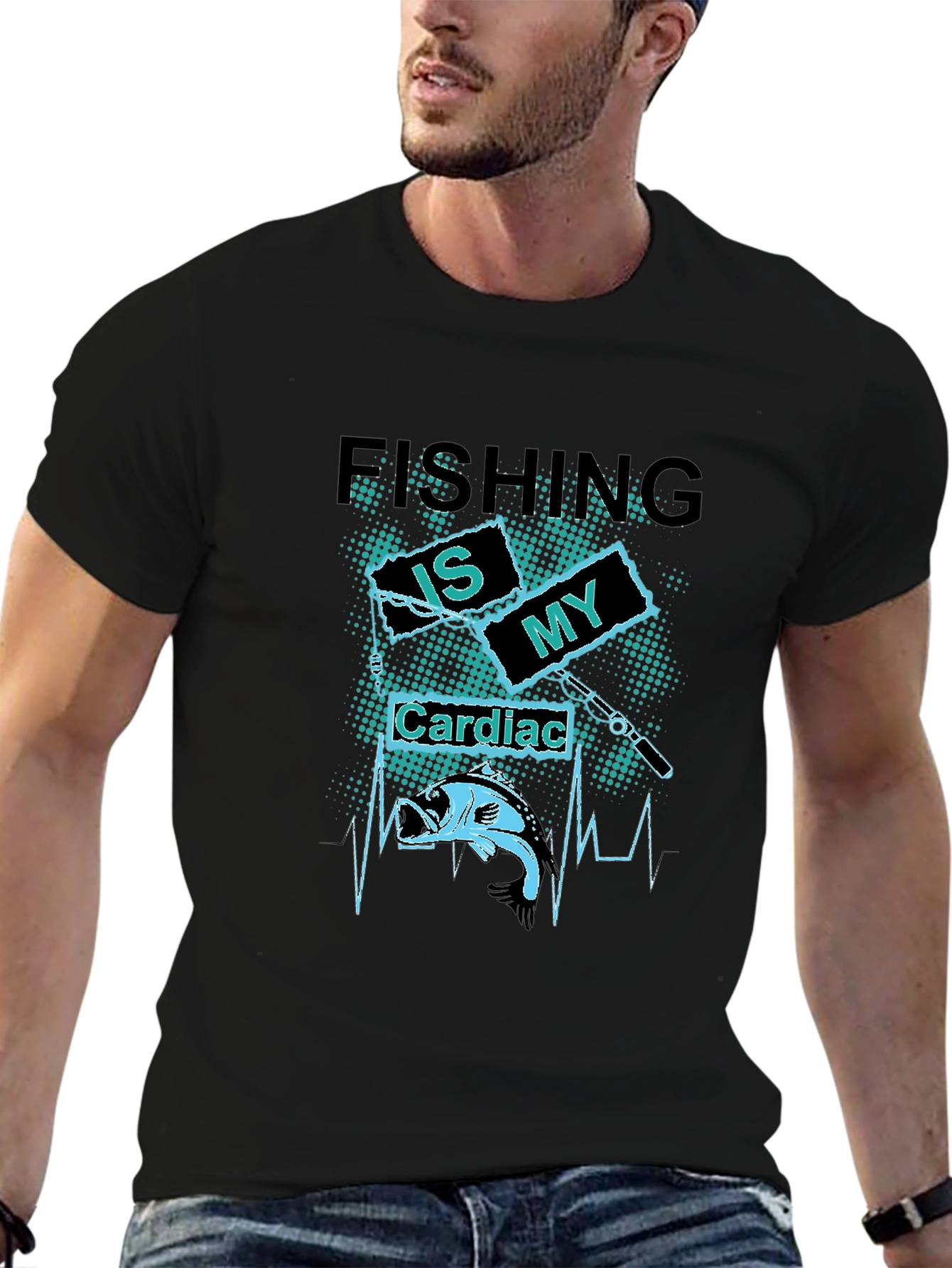 Black Fishing Is My Cardiac T-Shirt - Bass Fisherman Tee view 6