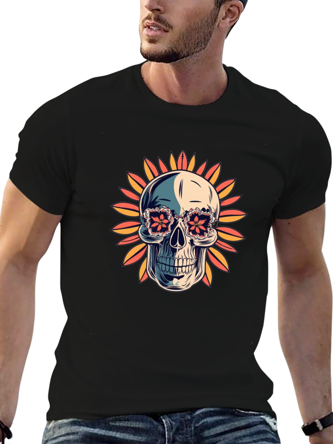 Black Skull in Floral Glasses T-Shirt view 6