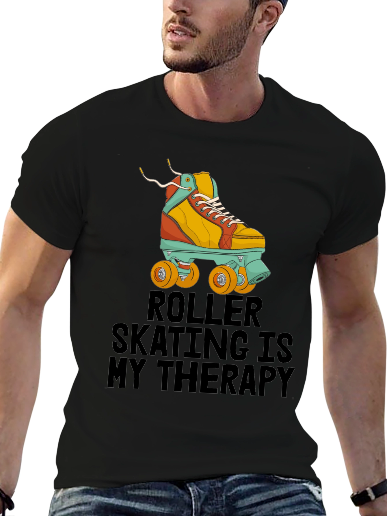 Black Roller Skating Therapy T-Shirt - Cool Retro Design view 6