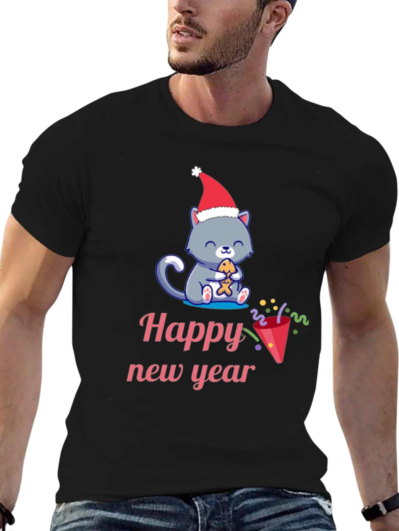 Black Festive Happy New Year Cat T-Shirt view 6