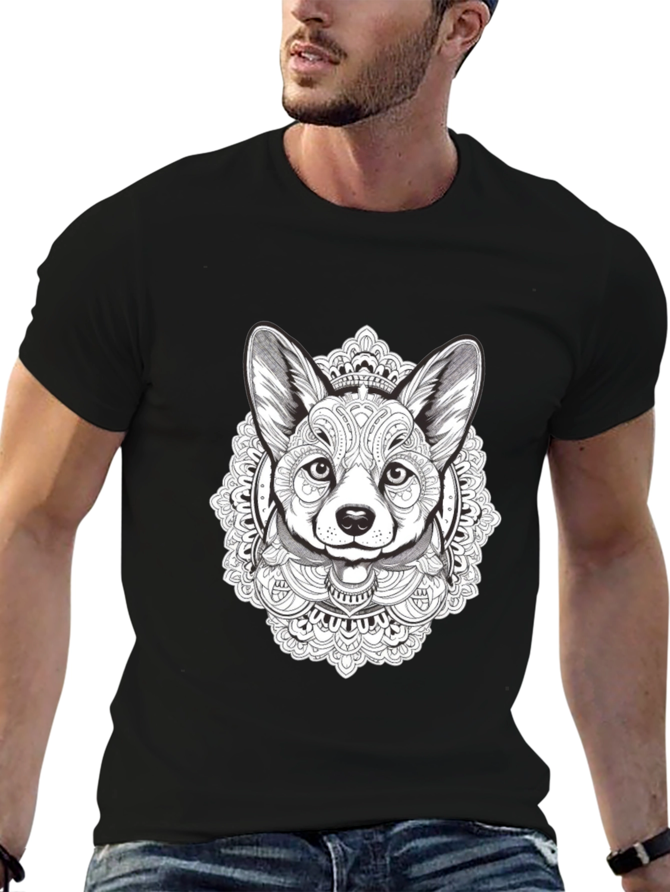 Black Corgi Mandala T-Shirt - Black Graphic Tee view 6