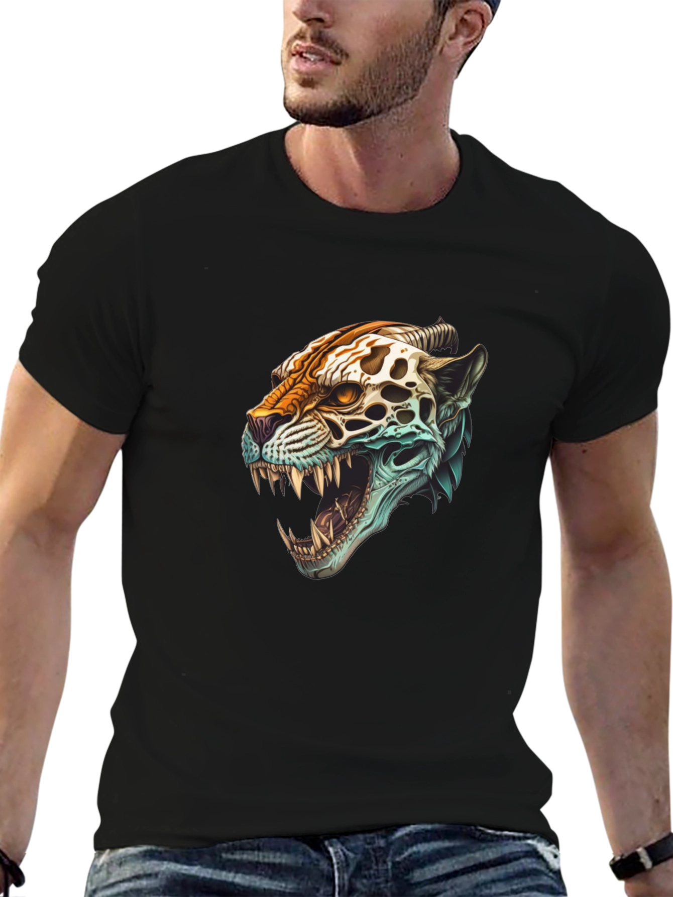 Black Jaguar Skull Graphic Print T-Shirt view 6