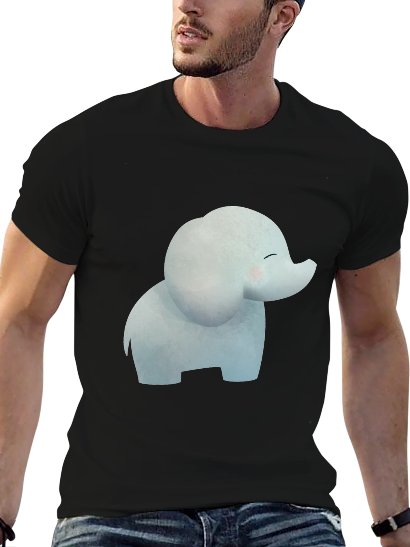 Black Cute Cartoon Elephant Black T-Shirt view 6