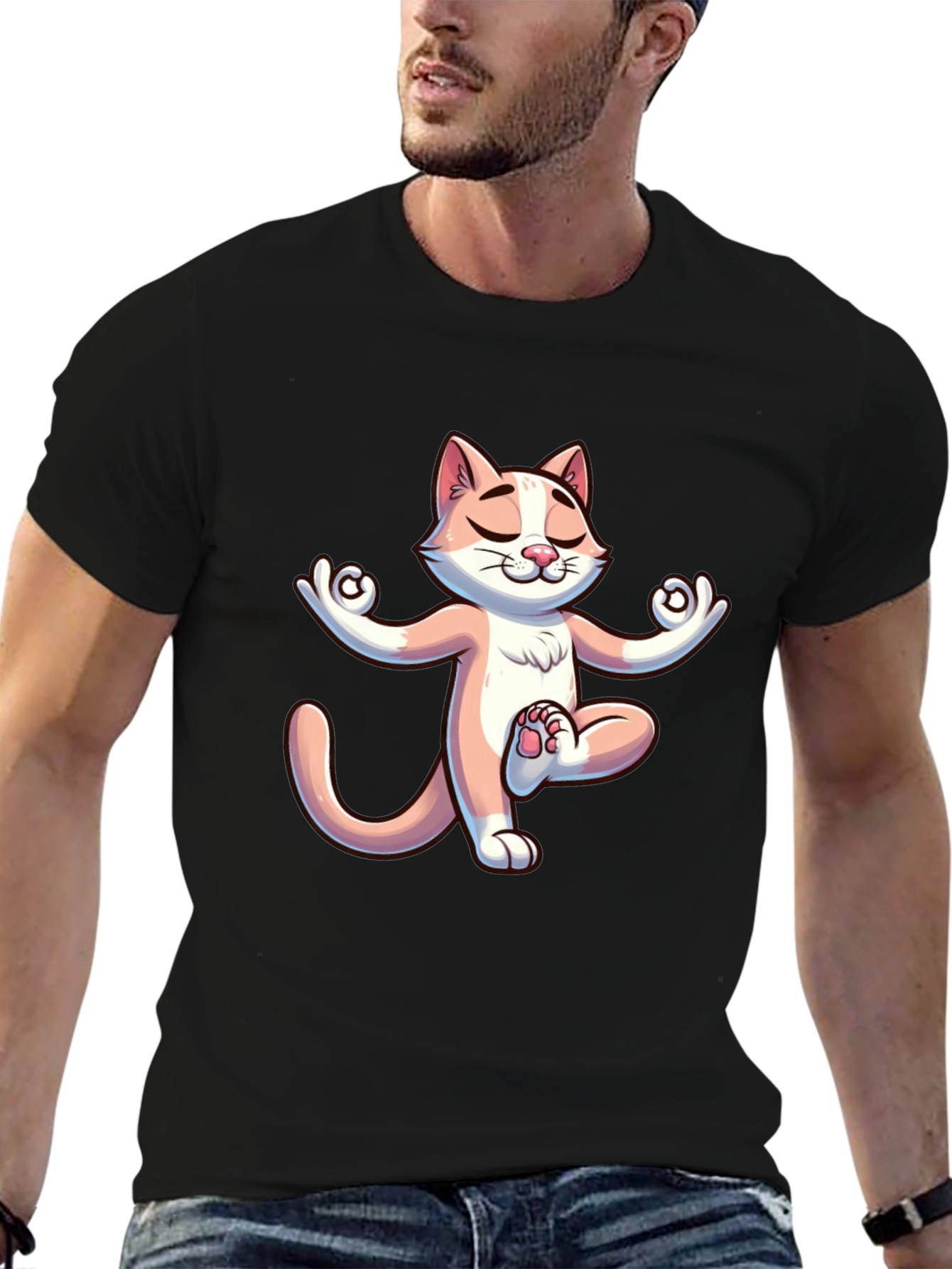 Black Zen Cat T-Shirt - Meditating Feline Design view 6