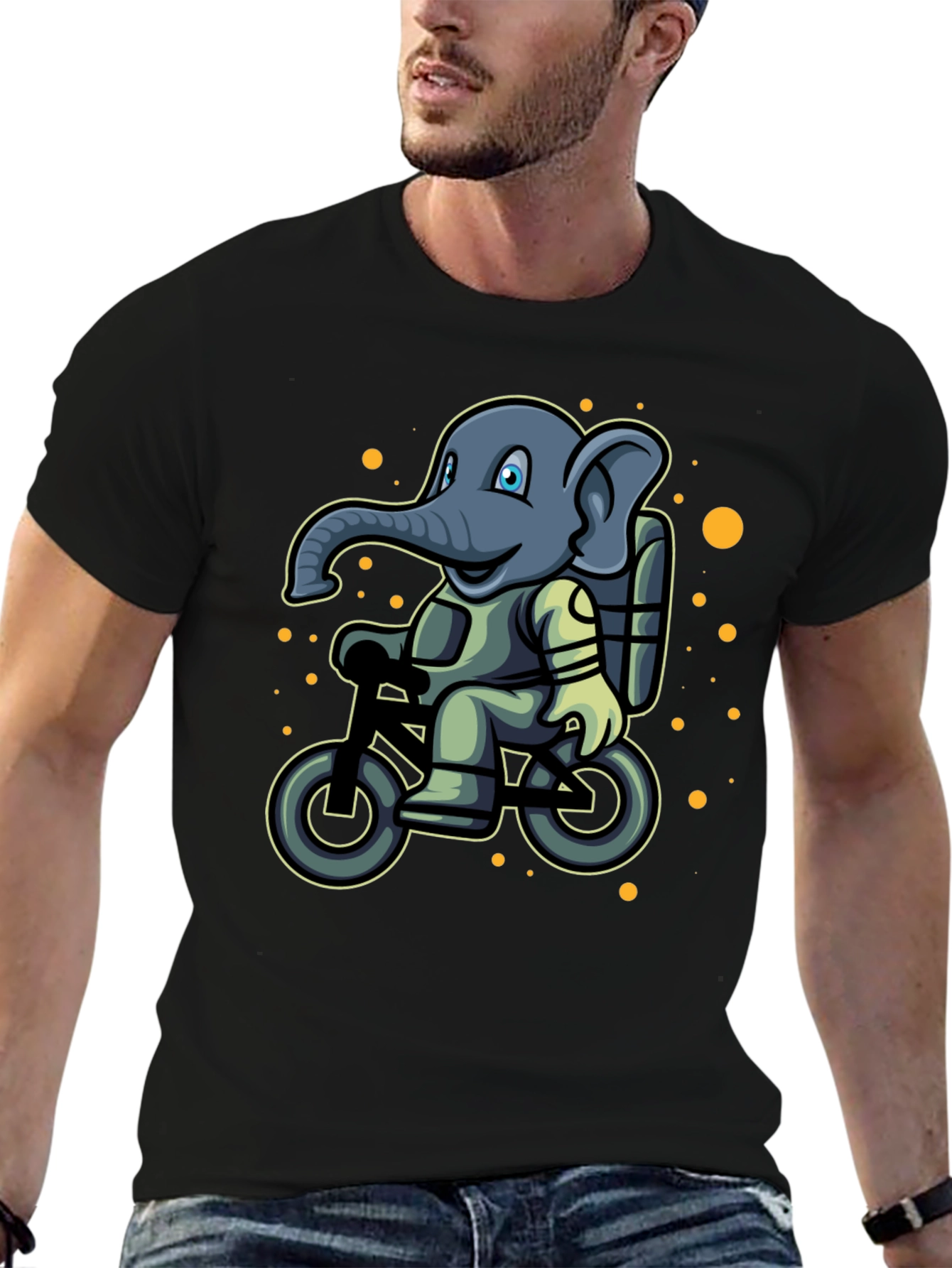 Black Elephant on Bike T-Shirt - Cartoon Style view 6