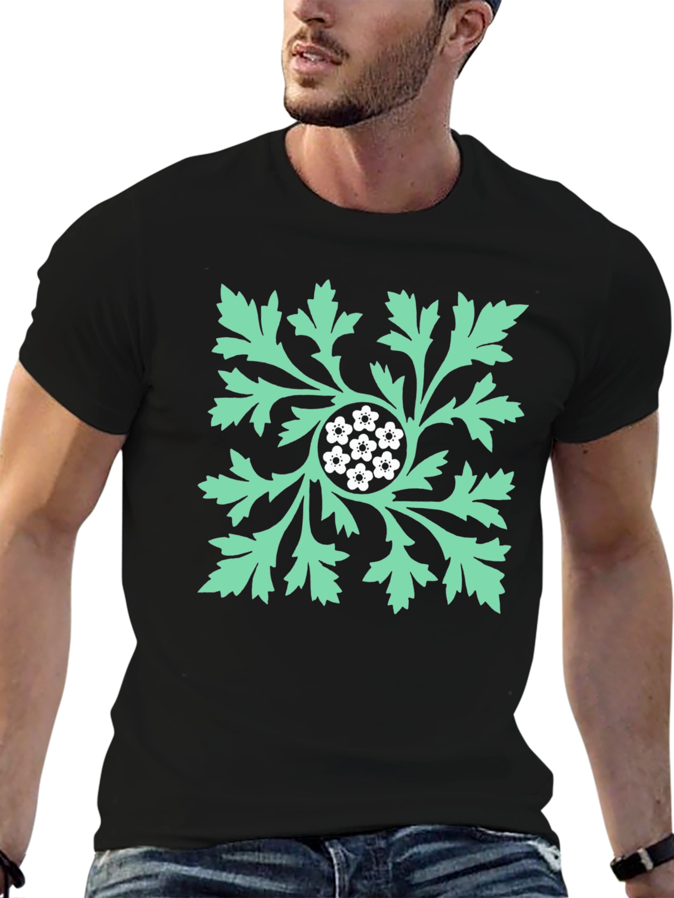 Black Floral Leaf Graphic Print Black T-Shirt view 6