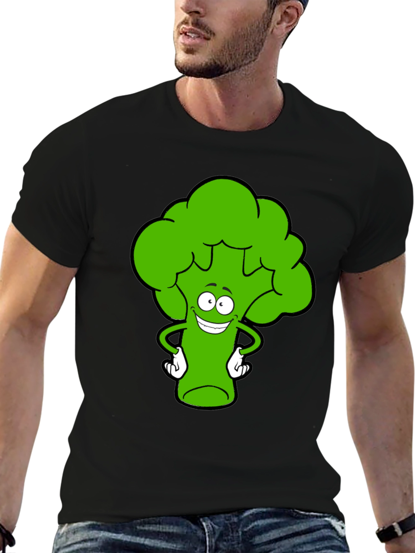 Black Funny Broccoli Cartoon Black T-Shirt view 6