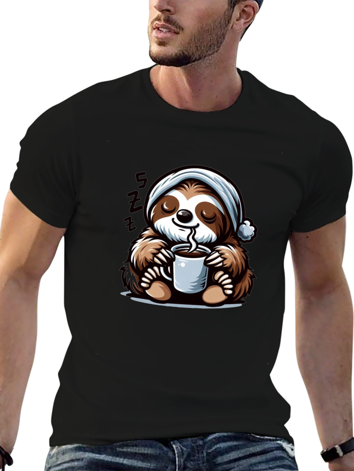 Black Cute Sloth Coffee T-Shirt view 6