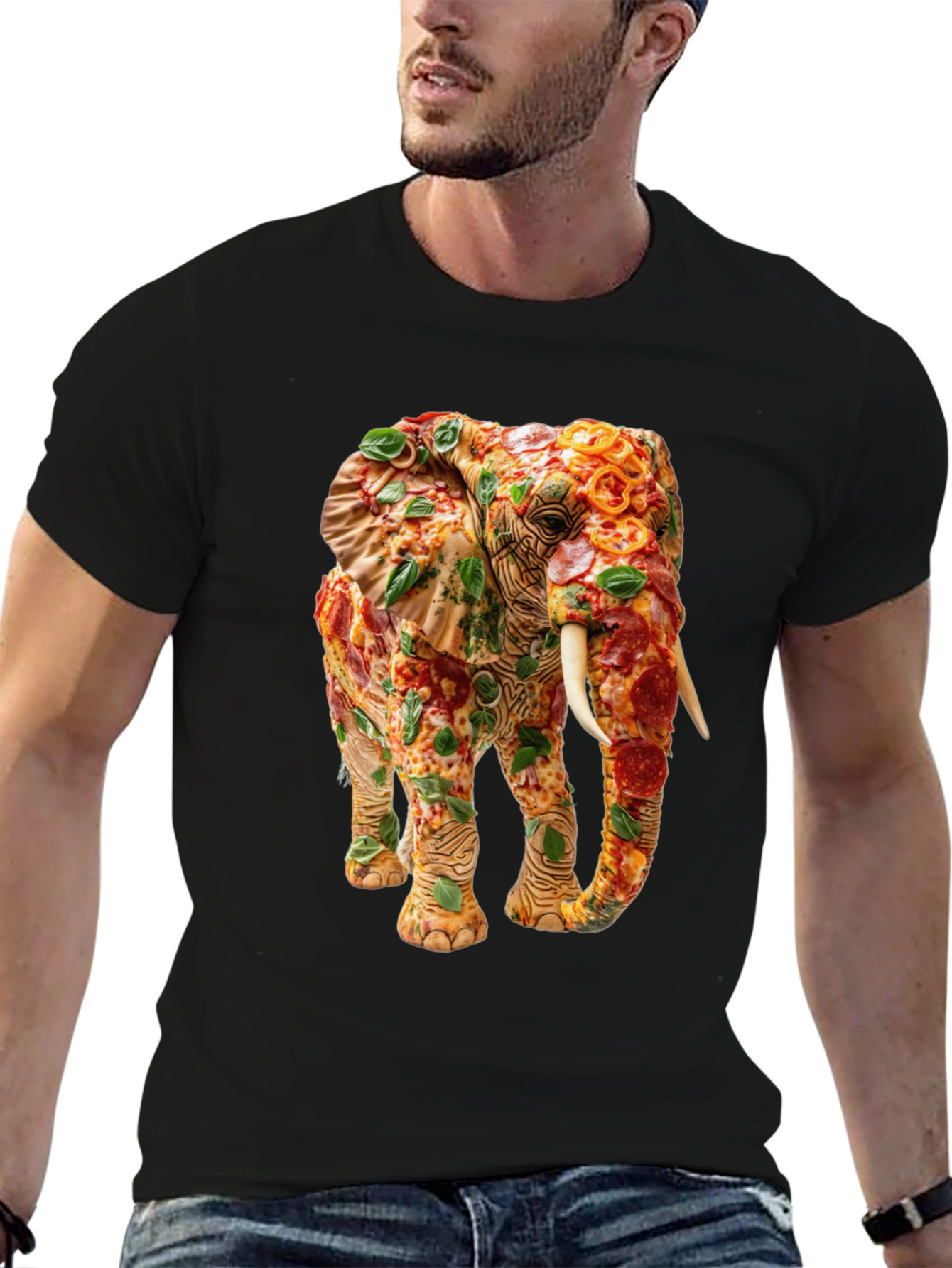 Black Pizza Elephant Graphic Tee - Unique Food Art Shirt view 6