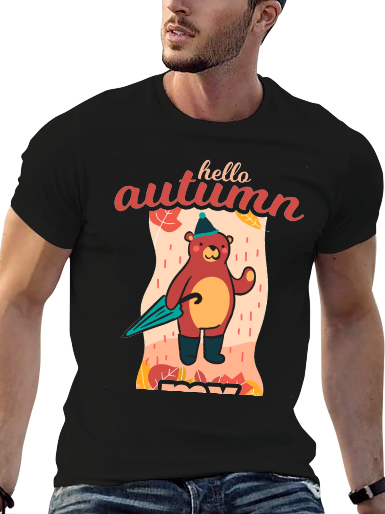 Black Hello Autumn Bear T-Shirt, Fall Season Apparel view 6