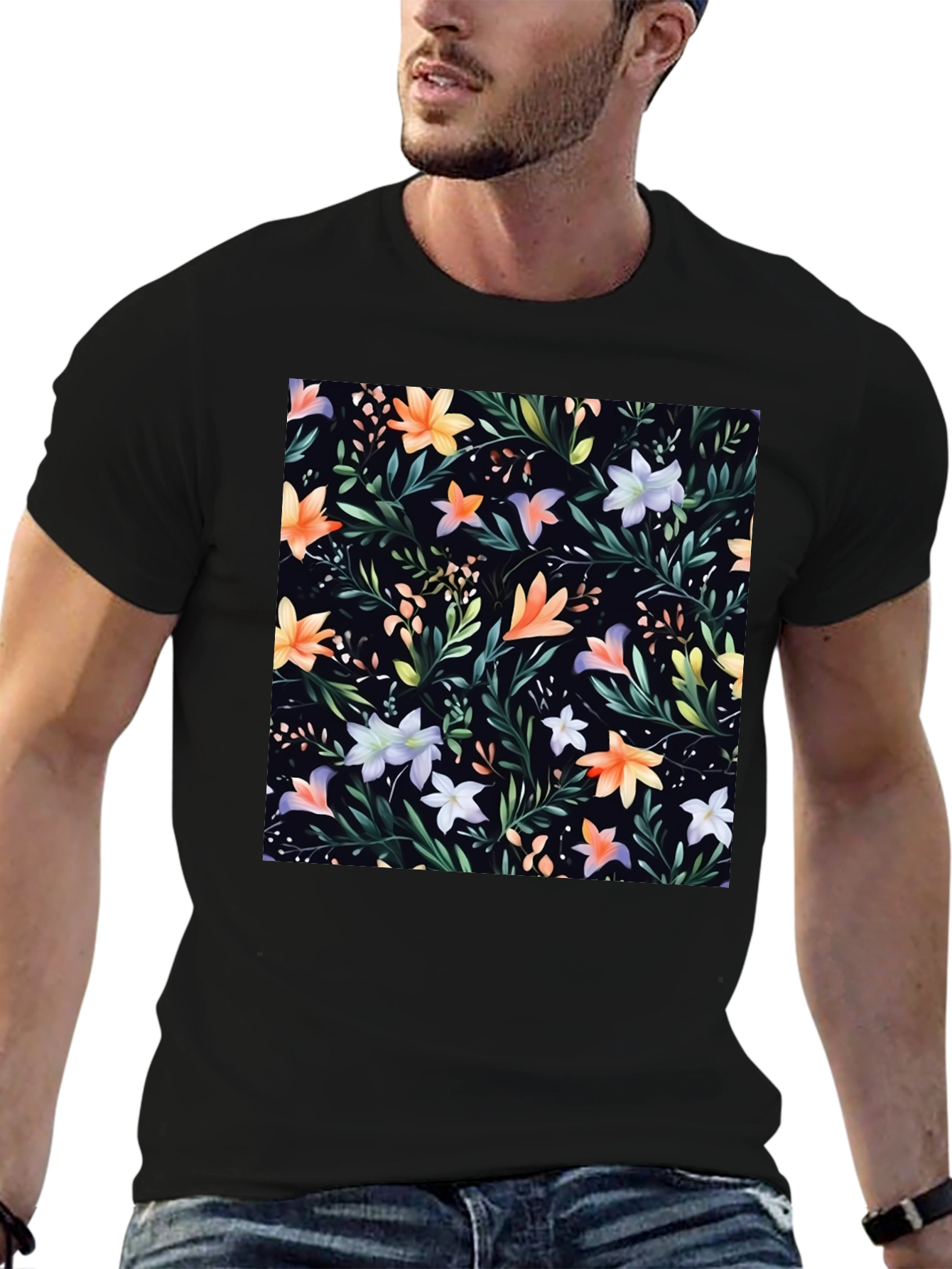 Black Floral Print Black Crew Neck T-Shirt view 6