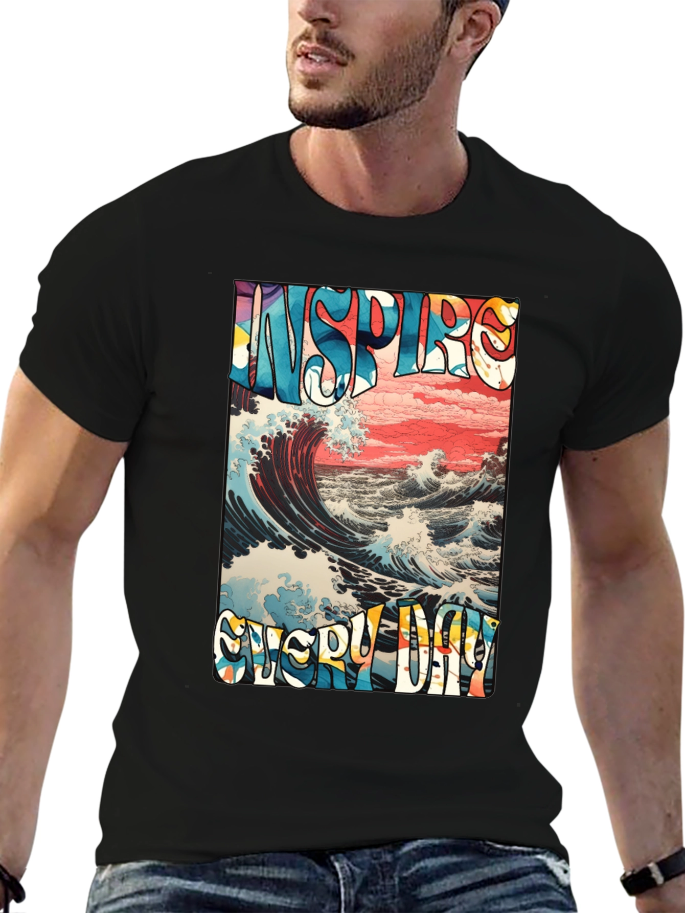 Black Inspire Every Day Graphic T-Shirt - Ocean Wave Design view 6
