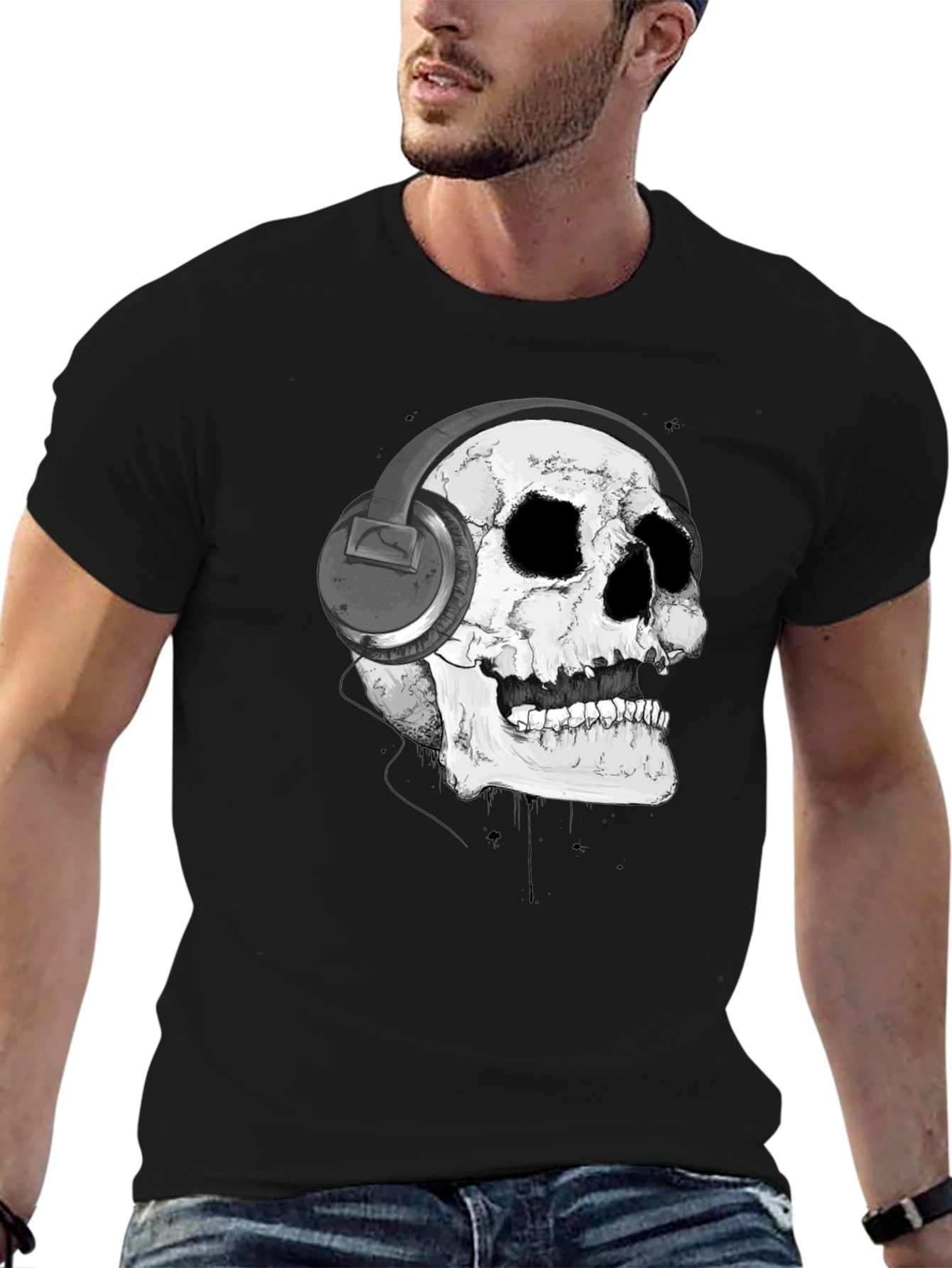 Black Skull with Headphones Graphic T-Shirt view 6
