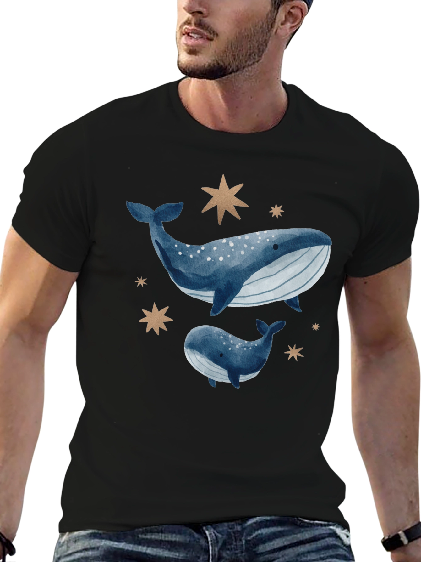 Black Whale & Star Graphic Tee - Black Cotton Comfort view 6