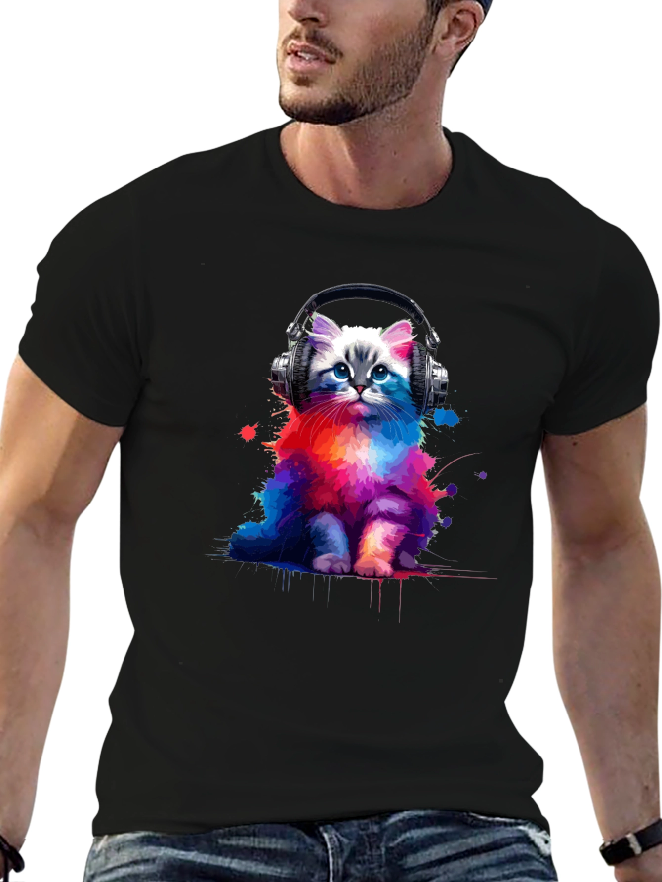 Black Colorful Cat Headphones Graphic Tee view 6