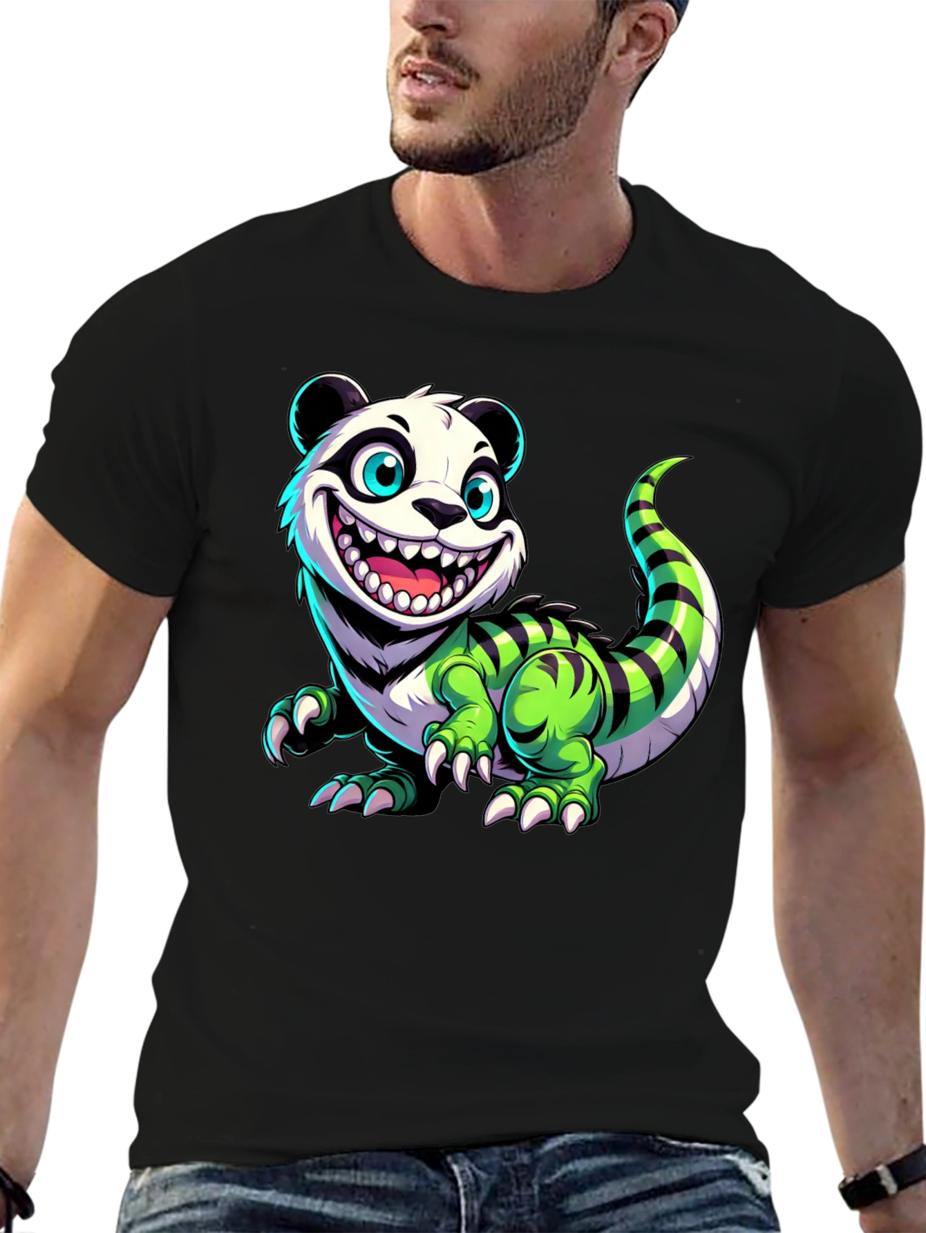 Black Cartoon Panda Lizard Graphic Tee - Unique & Fun Design! view 6