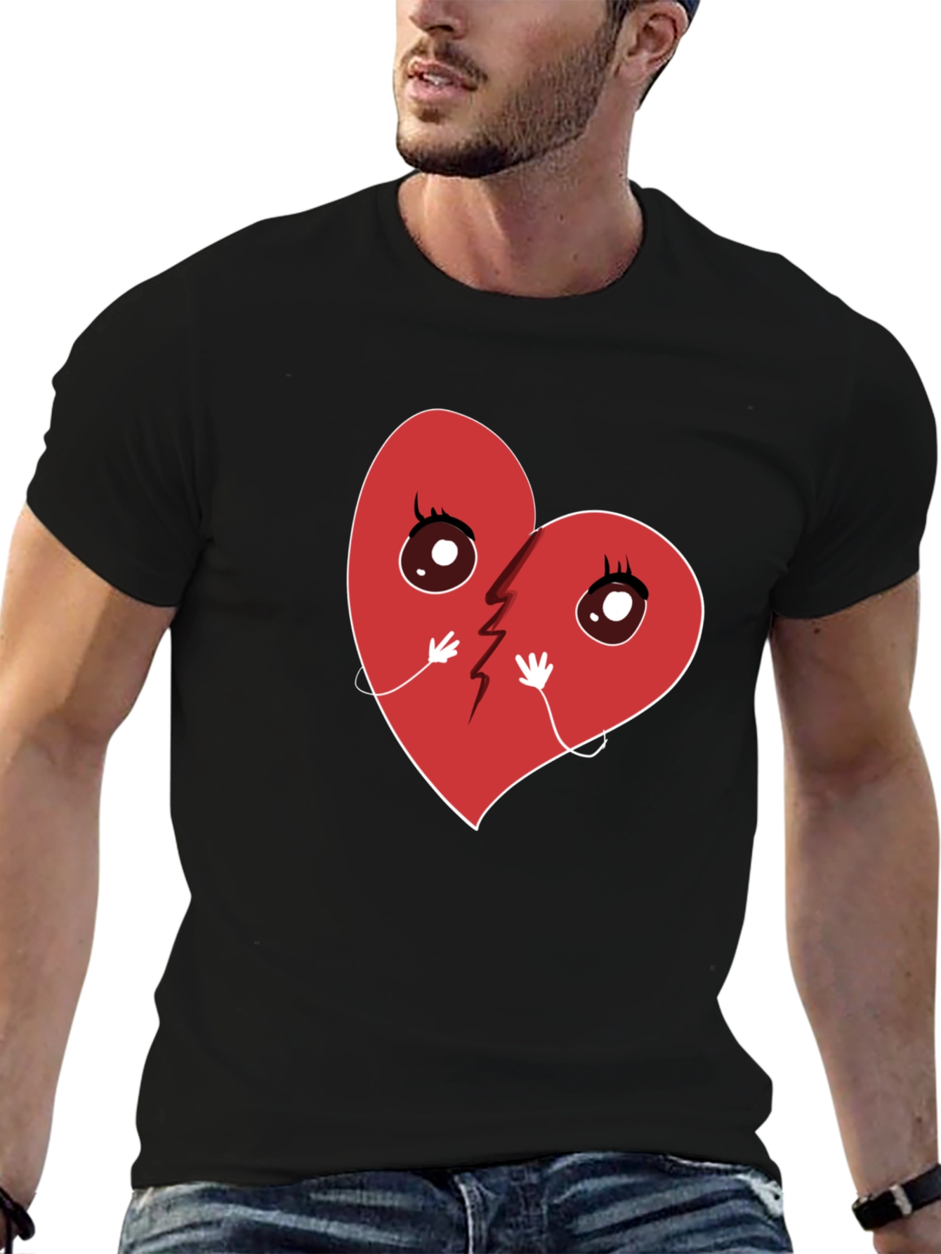 Black Broken Heart Cartoon Graphic T-Shirt - Unisex Casual Tee view 6