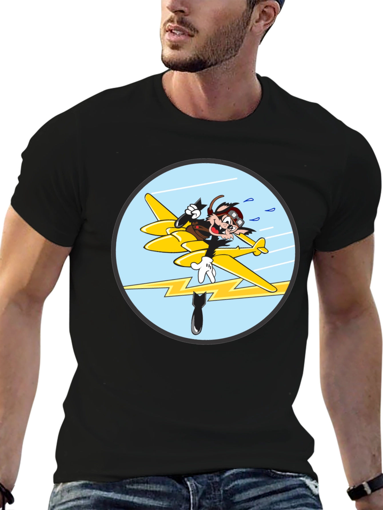Black Cartoon Aviator Tee - Black Cotton Blend view 6