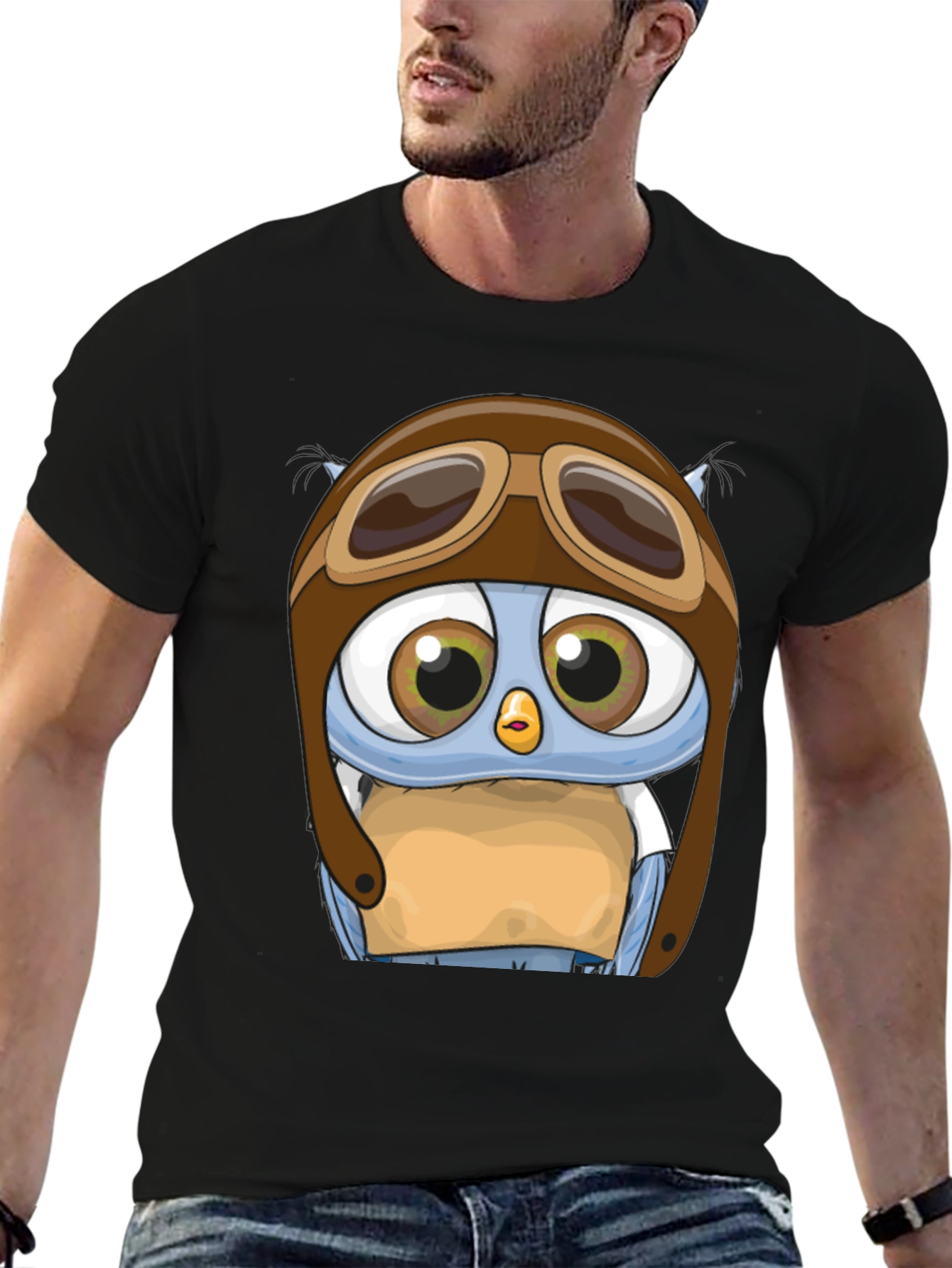 Black Pilot Owl T-Shirt - Cartoon Aviator Design view 6