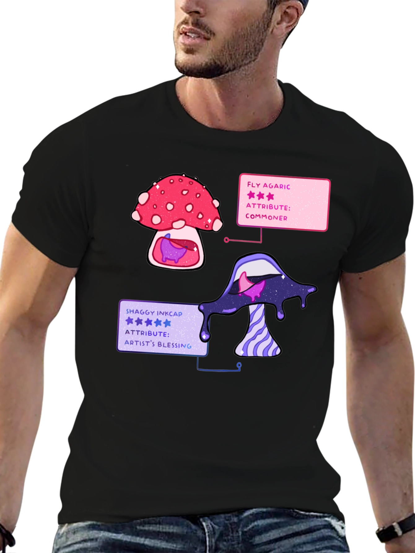 Black Mushroom T-Shirt - Fly Agaric & Shaggy Inkcap Design view 6