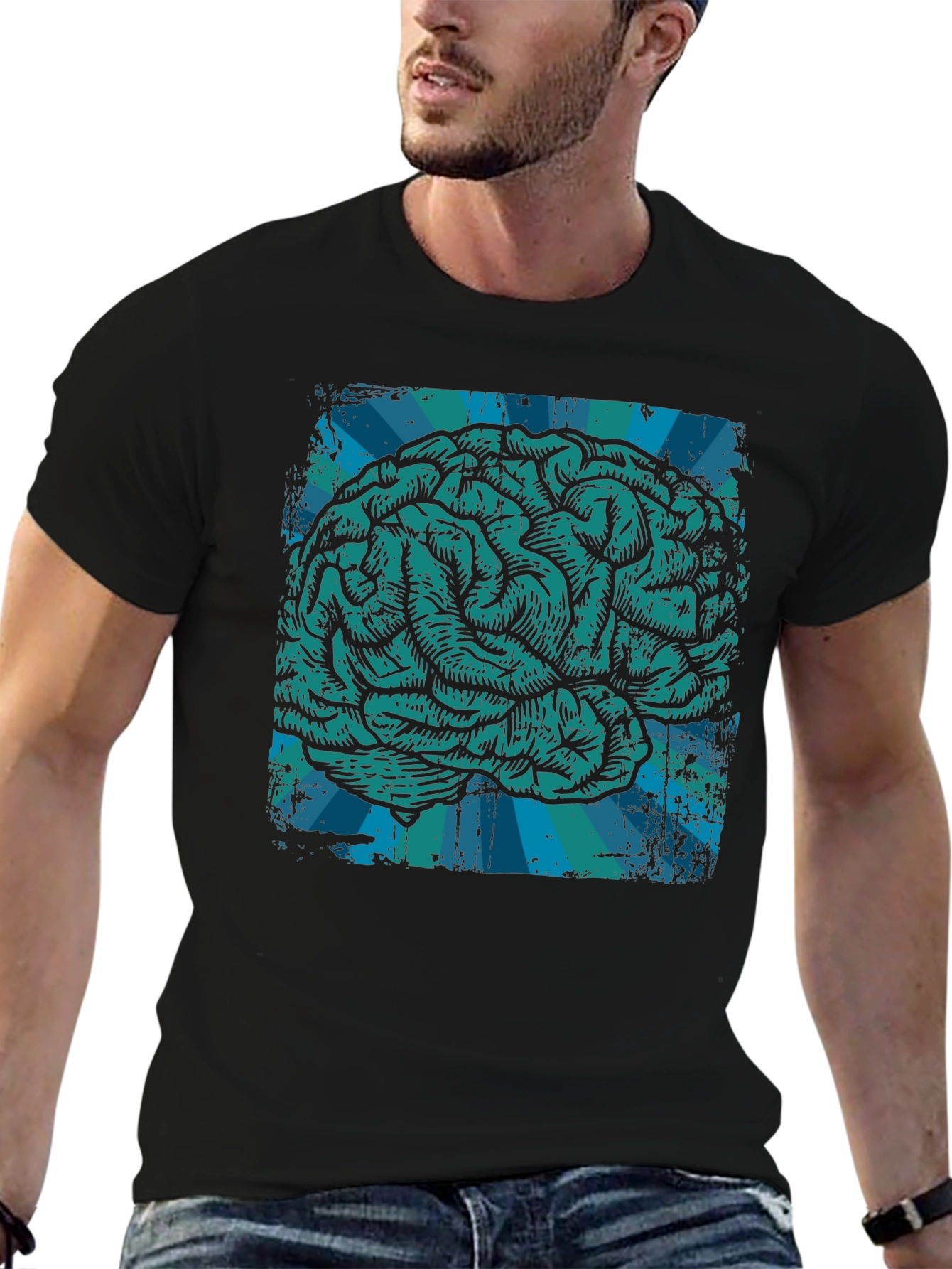 Black Brain Graphic T-Shirt - Teal Illustration on Black Cotton Tee view 6