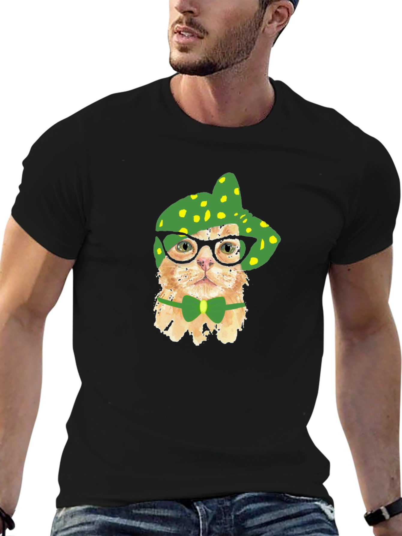 Black Funny Cat T-Shirt - Cat with Glasses and Bowtie view 6