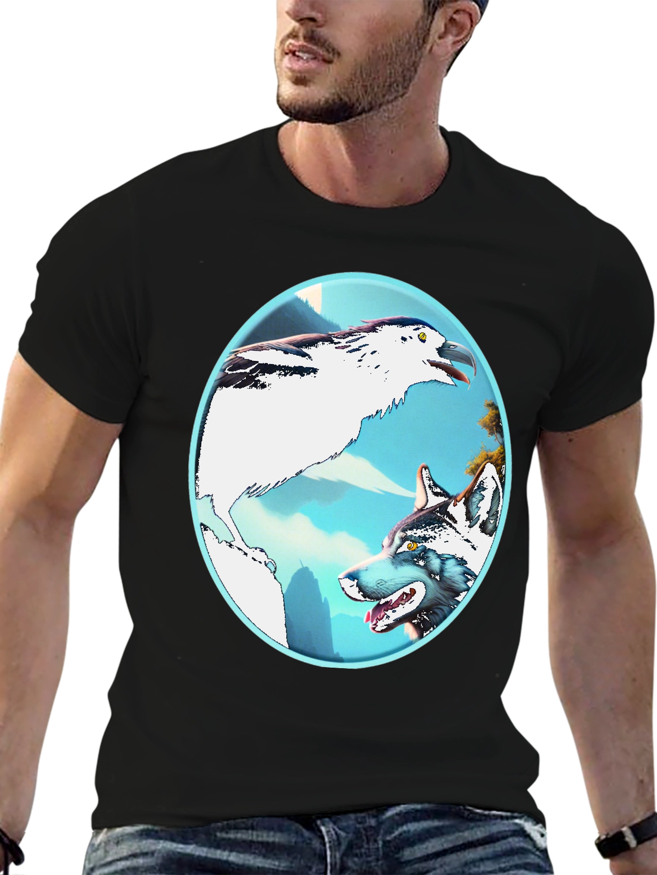 Black Wolf & Bird Graphic Tee view 6