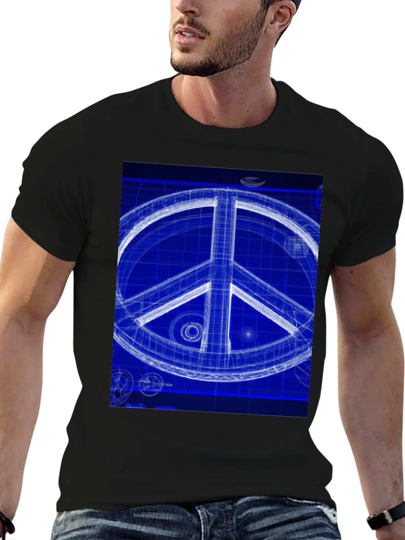 Black Blueprint Peace Sign Graphic T-Shirt view 6