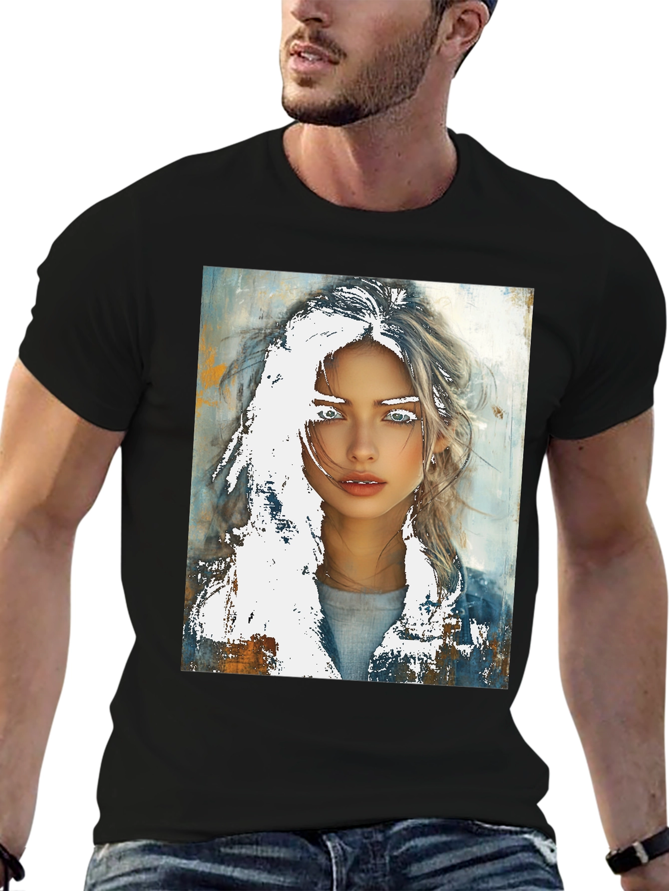 Artistic Woman Graphic Tee - Black Cotton Casual - 6