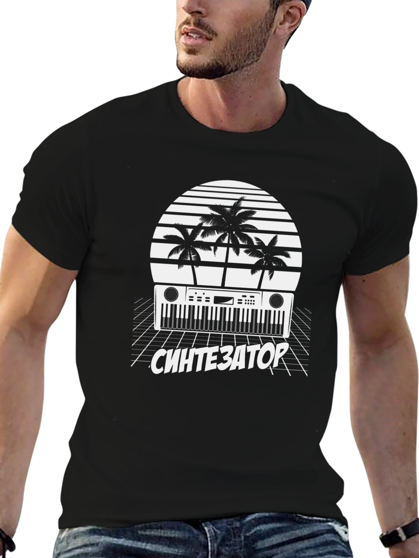 Black Retro Synthwave T-Shirt - Synthesizer Design view 6