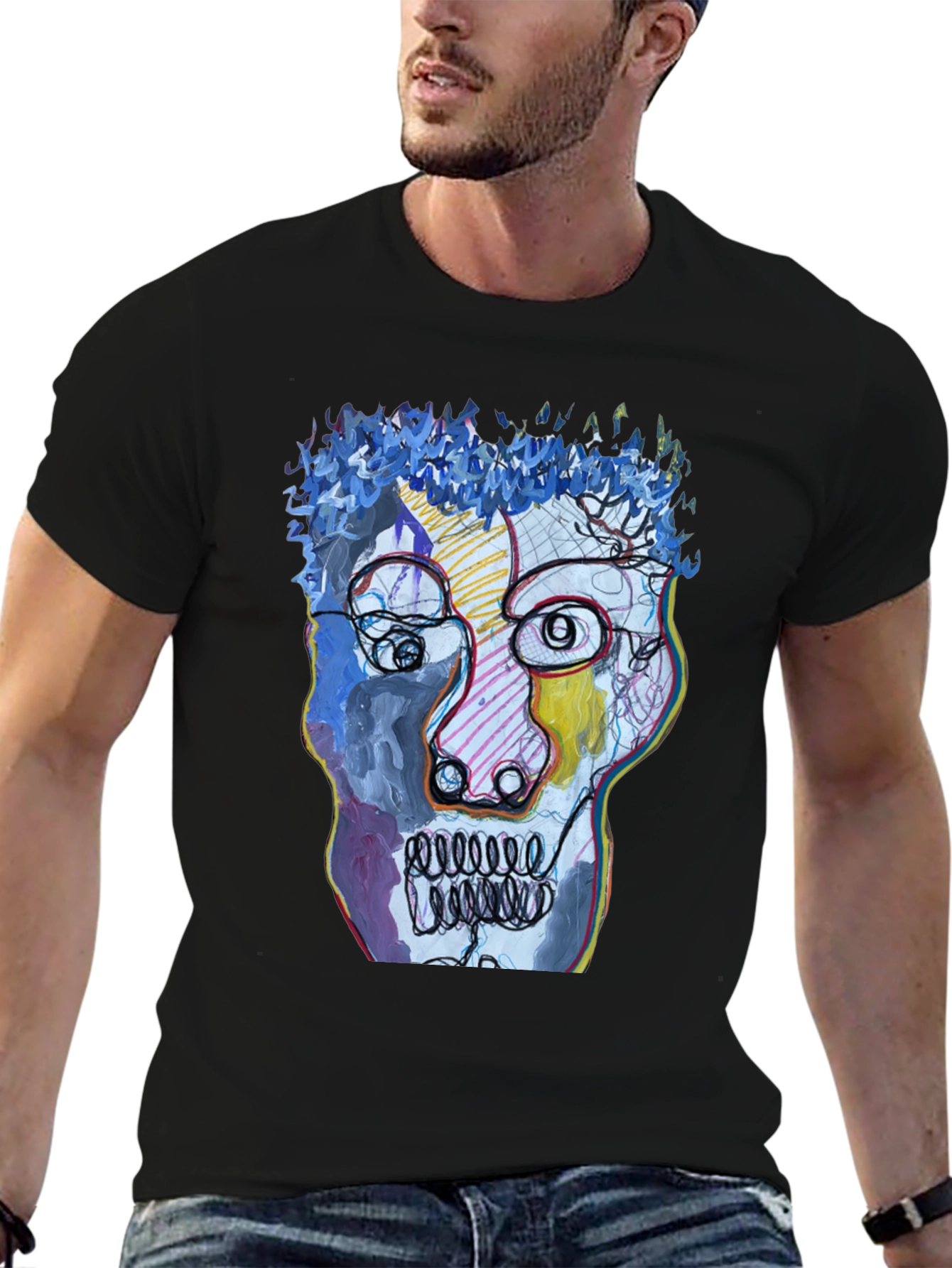Black Abstract Art Face Graphic Tee - Black Cotton T-Shirt view 6