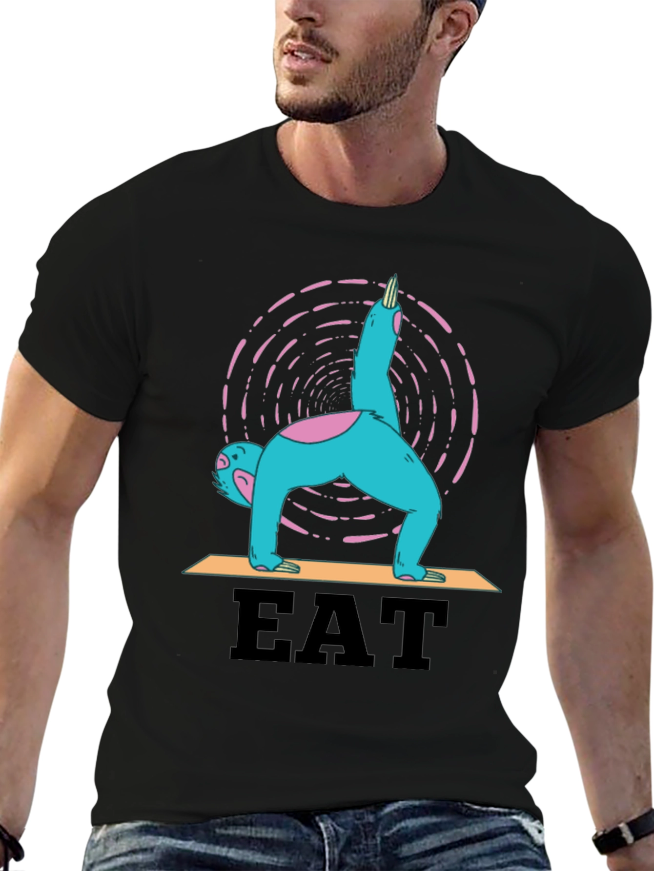 Black Yoga Sloth Eat T-Shirt - Relaxed Fit Tee view 6