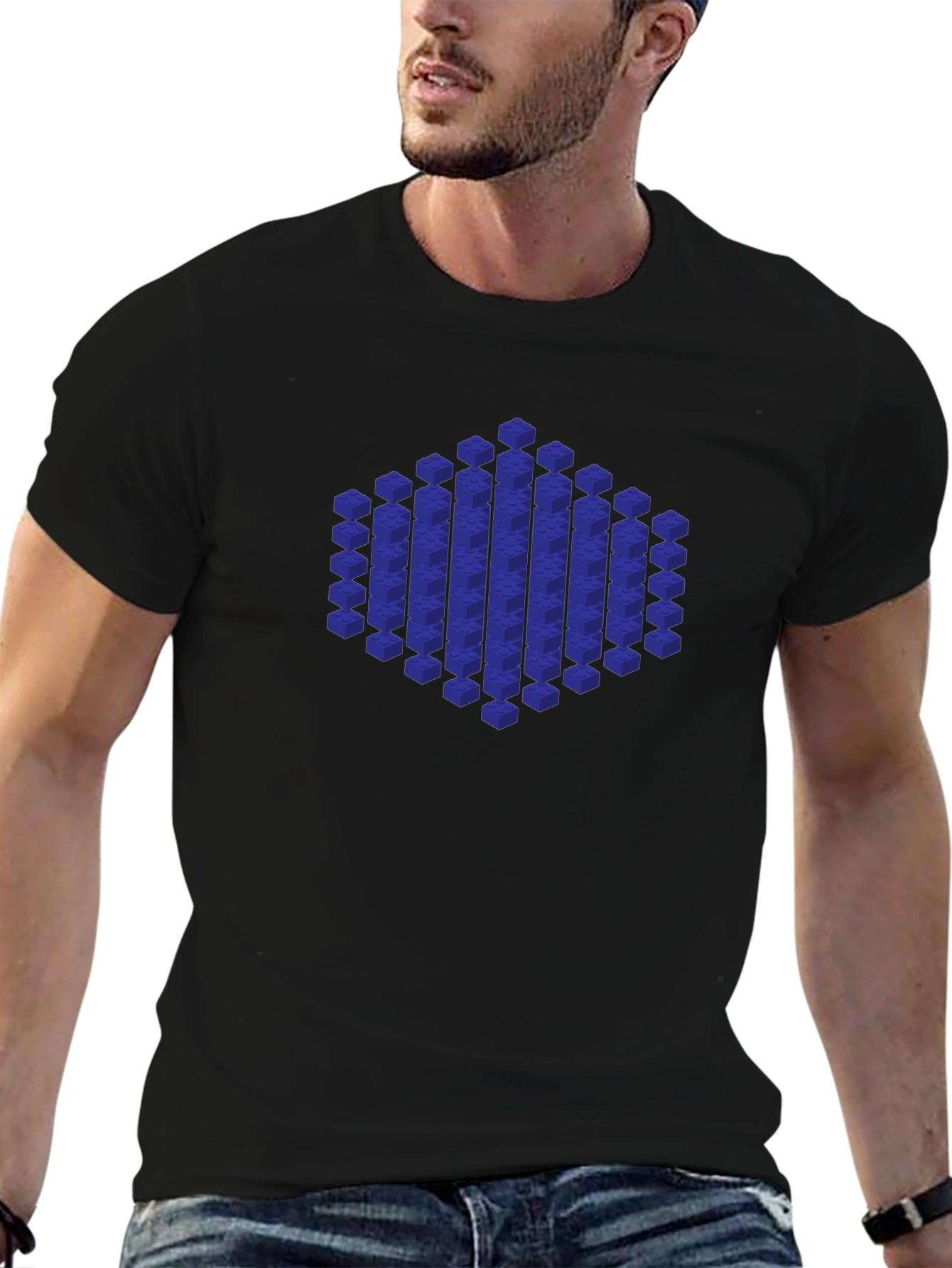 Black Geometric Cube Design Black T-Shirt view 6