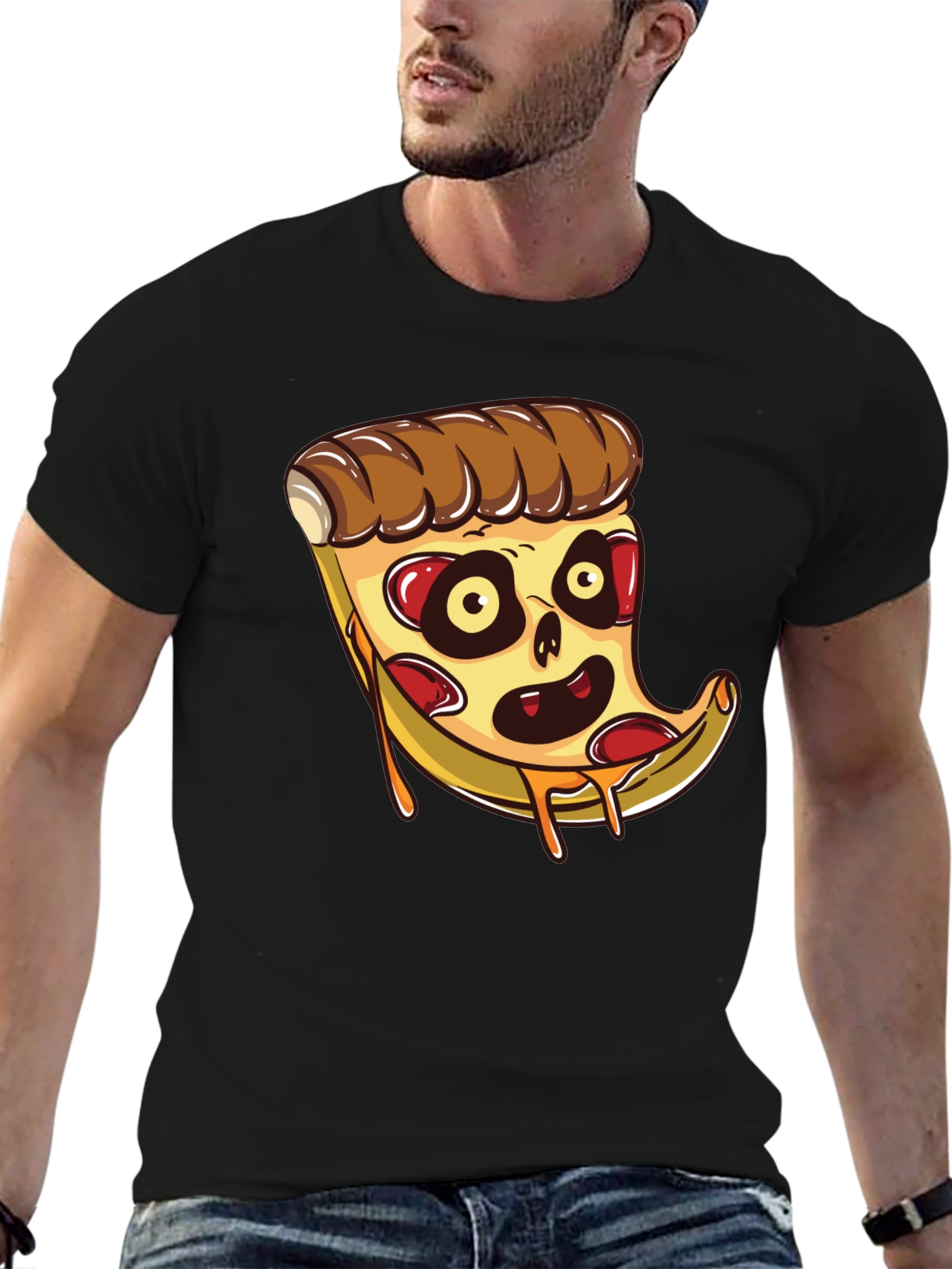 Black Zombie Pizza Slice Graphic Tee - Black Cotton T-Shirt view 6