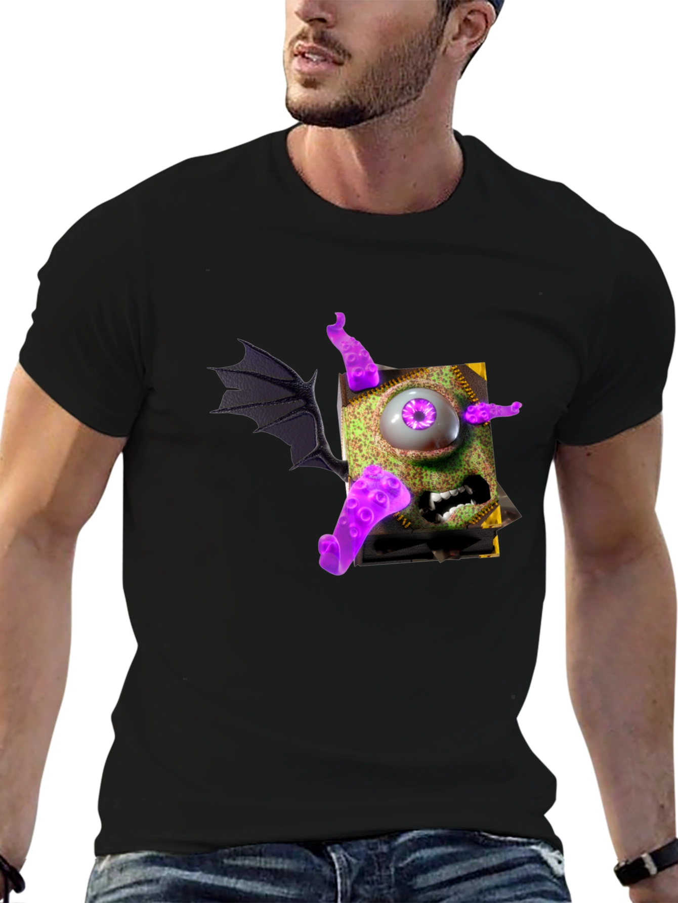Black Monster Book T-Shirt - Purple Eye Tentacles Wing view 6